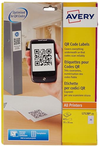 Avery Dennison L7120-25 QR-Code-Etiketten, quadratisch, blickdicht, Weiß, 20 Etiketten pro Blatt, 500 Etiketten 35 x 35 mm von Avery