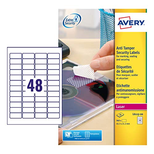 Avery L6113-20 Sicherheitsetiketten zum Versiegeln 48 pro Blatt 45,7 x 21,2 mm 960 Etiketten von Avery