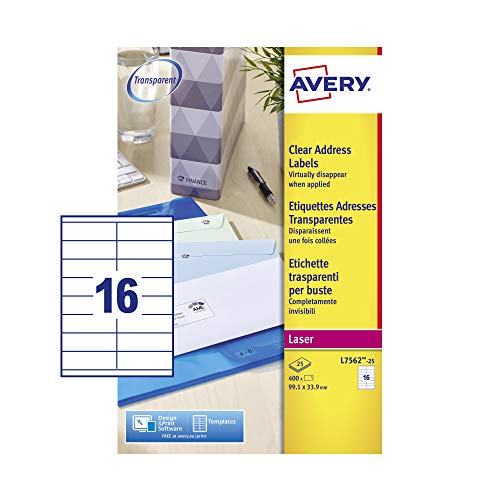 Avery L7562-25 Adressetiketten 16 pro Blatt 99,1 x 33,9 mm 400 Stück transparent von Avery