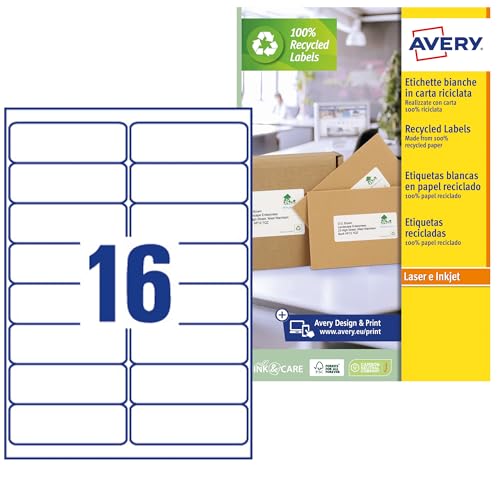 Etiketten aus weißem Recyclingpapier, 99,1 x 33,9 mm, 16 Etiketten pro Blatt, permanenter Aufkleber, Laserdrucker, 15 Blatt von Avery