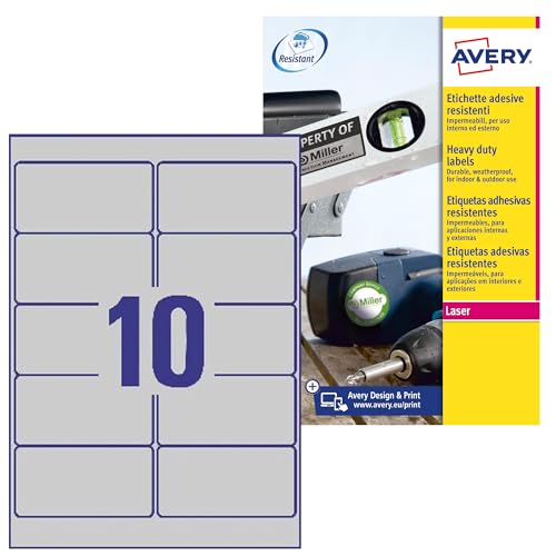 Avery L6012 – 20 – Pack von 20 Blatt Polyester-Etiketten, 25,4 x 10 mm, silber 96 x 50.8 mm silber von Avery