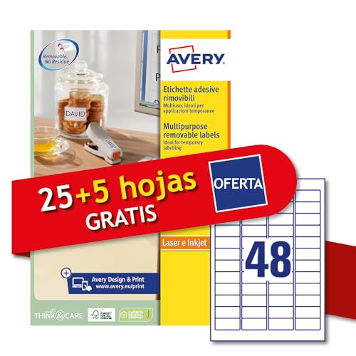 Avery Italia L4736REV-30P Klebeetiketten aus weißem Papier, ablösbar, keine Rückstände, 25+5 extra Blätter, rechteckig 45,7 x 21,2 mm, 48 Etiketten pro Blatt, ablösbarer Aufkleber, Laser-/Inkjet-Druck von Avery Italia