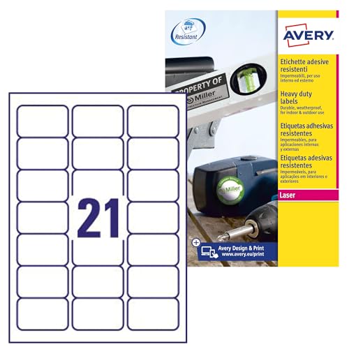 Avery Italia L7060-20 Klebeetiketten aus Polyester, weiß, 20 Blatt A4, rechteckig, 63,5 x 38,1 mm, 21 Etiketten pro Blatt, permanent haftend, Laserdrucker von Avery