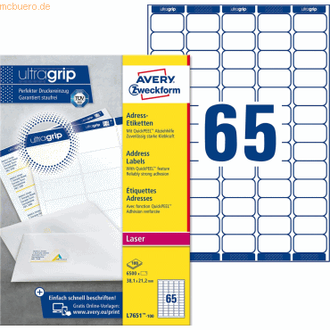 Avery Zweckform Adress-Etiketten ultragrip 38,1x21,2 mm VE=6.500 Etike von Avery Zweckform