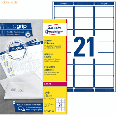 Avery Zweckform Adress-Etiketten ultragrip 63,5x38,1 mm VE=2.100 Etike von Avery Zweckform