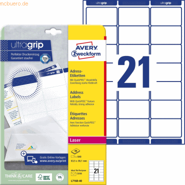 Avery Zweckform Adress-Etiketten ultragrip 63,5x38,1 mm VE=840 Etikett von Avery Zweckform