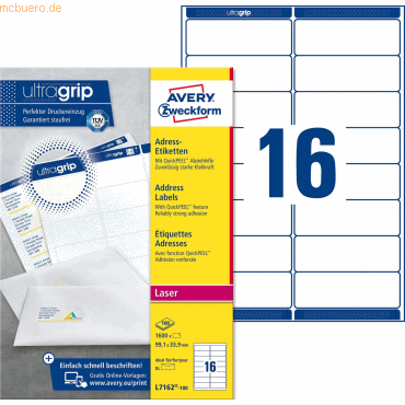 Avery Zweckform Adress-Etiketten ultragrip 99,1x33,9 mm VE=1.600 Etike von Avery Zweckform