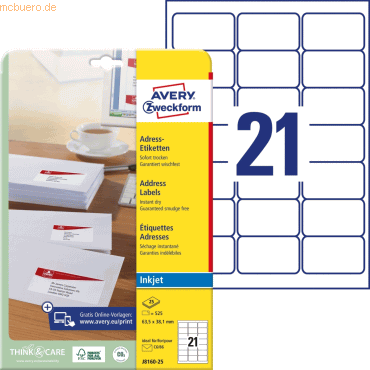 Avery Zweckform Adressetiketten 63,5x38,1mm VE=525 Stück von Avery Zweckform