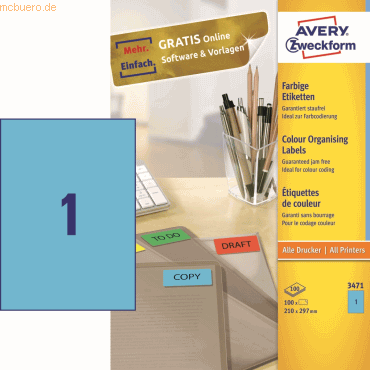 Avery Zweckform Etiketten 210x297mm blau VE=100 Stück von Avery Zweckform