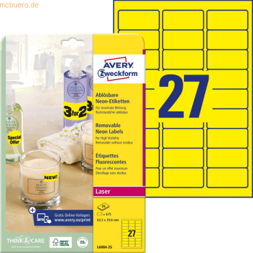 Avery Zweckform Etiketten 63,5x29,6mm neongelb VE=675 Stück von Avery Zweckform