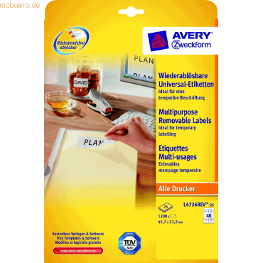 Avery Zweckform Etiketten Inkjet/Laser/Kopier 45,7x21,2mm weiß VE=1440 von Avery Zweckform