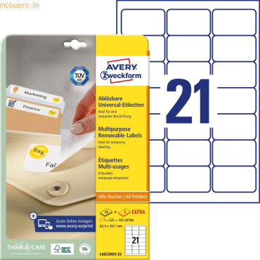 Avery Zweckform Etiketten Inkjet/Laser/Kopier 63,5x38,1mm wiederablösb von Avery Zweckform