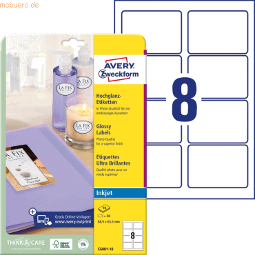 Avery Zweckform Etiketten Inkjet 88,9x63,5mm glossy weiß VE=80 Stück von Avery Zweckform