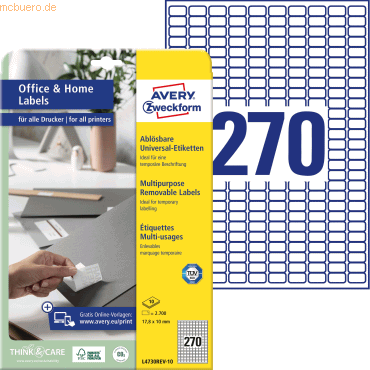 Avery Zweckform Etiketten ablösbar Home Office A4 17,8x10mm VE=2.700 E von Avery Zweckform