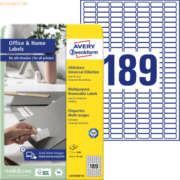 Avery Zweckform Etiketten ablösbar Home Office A4 25,4x10mm VE=1.890 E von Avery Zweckform