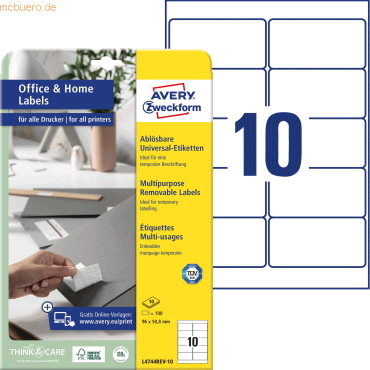 Avery Zweckform Etiketten ablösbar Home Office A4 96x50,8mm VE=100 Eti von Avery Zweckform