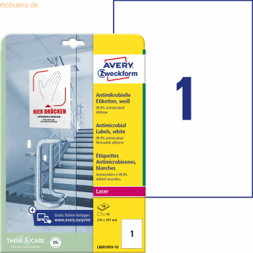 Avery Zweckform Etiketten antimikrobiell ablösbar A4 210x297mm 10 Boge von Avery Zweckform