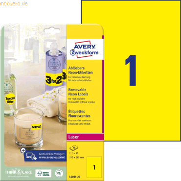 Avery Zweckform Etiketten neongelb 210x297mm VE=25 Stück von Avery Zweckform