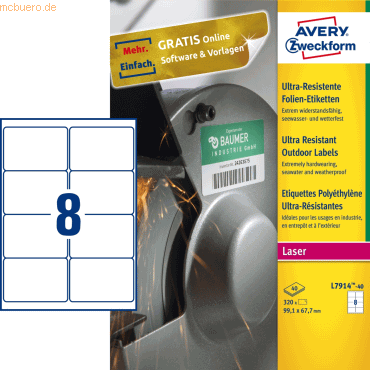 Avery Zweckform Etiketten ultraresistent 99,1 x 67,7mm weiß VE=320 Stü von Avery Zweckform