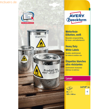 Avery Zweckform Etiketten wetterfest Polyester weiß 105x148mm VE=80 Et von Avery Zweckform