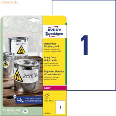 Avery Zweckform Etiketten wetterfest Polyester weiß 210x297mm VE=8 Eti von Avery Zweckform