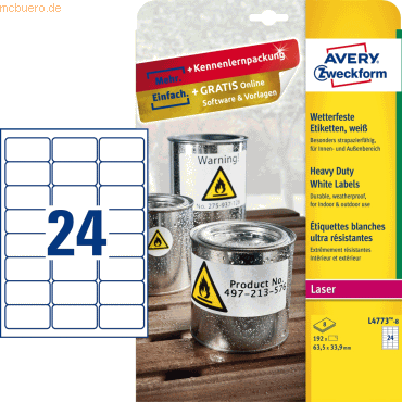 Avery Zweckform Etiketten wetterfest Polyester weiß 63,5x33,9mm VE=192 von Avery Zweckform