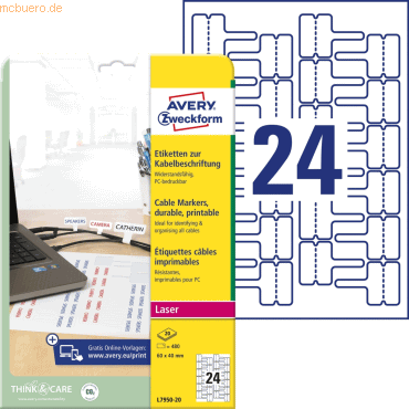 Avery Zweckform Etiketten zur Kabelbeschriftung 60x40 mm 20 Blatt/480 von Avery Zweckform