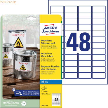 Avery Zweckform Folien-Etiketten wetterfest A4 45,7x21,2mm VE=480 Etik von Avery Zweckform