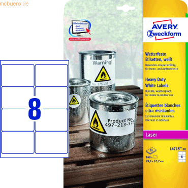 Avery Zweckform Folienetiketten wetterfest 99,1x67,7mm VE=20 Bogen/160 von Avery Zweckform