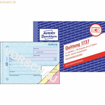 Avery Zweckform Formularbuch Quittung A6 quer selbstdurchschreibend VE von Avery Zweckform