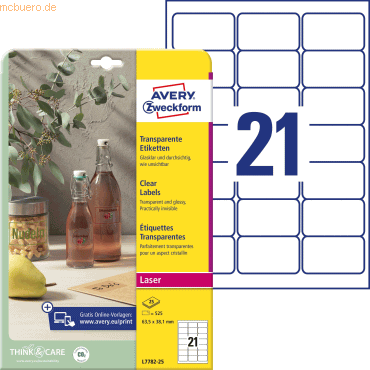 Avery Zweckform Etiketten 63,5x38,1 mm 25 Blatt/525 Etiketten transpar von Avery Zweckform