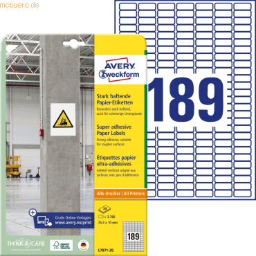 Avery Zweckform Papier-Etiketten stark haftend 25,4x10mm VE=20 Bogen/3 von Avery Zweckform