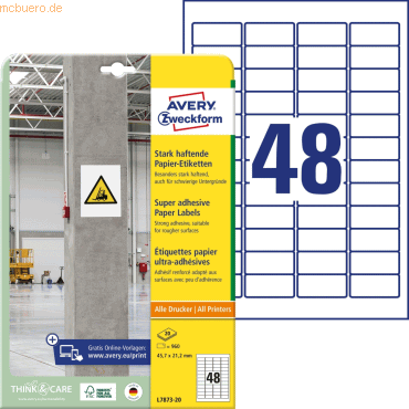 Avery Zweckform Papier-Etiketten stark haftend 45,7x21,2mm VE=20 Bogen von Avery Zweckform