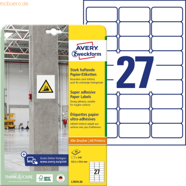 Avery Zweckform Papier-Etiketten stark haftend 63,5x29,6mm VE=20 Bogen von Avery Zweckform