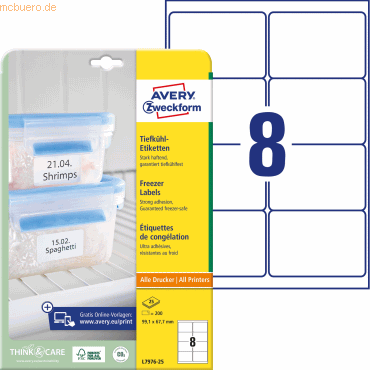 Avery Zweckform Tiefkühl-Etiketten A4 99,1x67,7mm VE=200 Etiketten wei von Avery Zweckform