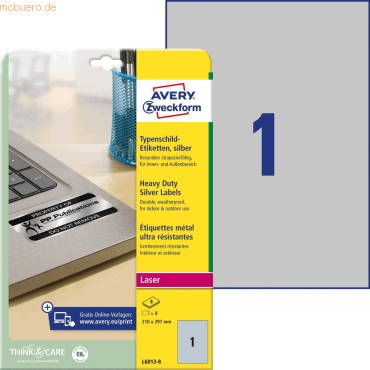 Avery Zweckform Typenschild-Etiketten DIN A4 210x297mm silber 8 Etiket von Avery Zweckform