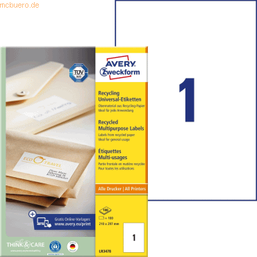 Avery Zweckform Universal-Etiketten 210x297mm Recycling naturweiß VE=1 von Avery Zweckform