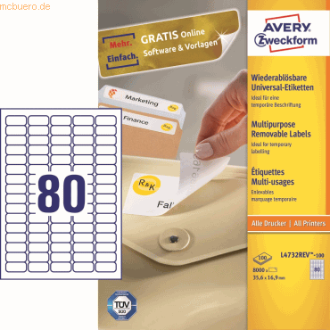 Avery Zweckform Universal-Etiketten 35,6x16,9 mm 100 Blatt/8000 Etiket von Avery Zweckform