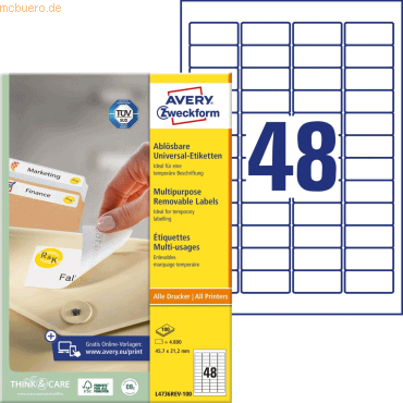 Avery Zweckform Universal-Etiketten 45,7x21,2 mm 100 Blatt/4800 Etiket von Avery Zweckform