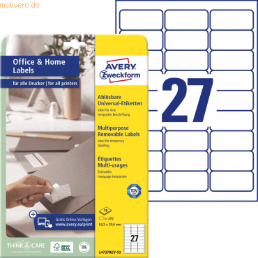 Avery Zweckform Universal-Etiketten 63,5x29,6 mm 10 Blatt/270 Etikette von Avery Zweckform