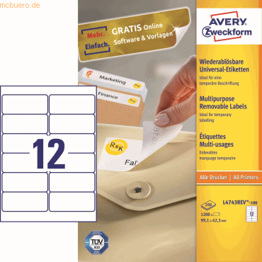 Avery Zweckform Universal-Etiketten 99,1x42,3 mm 100 Blatt/1200 Etiket von Avery Zweckform