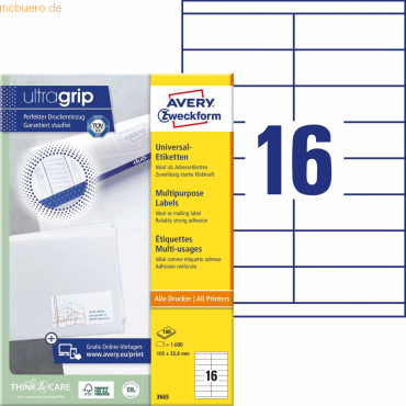 Avery Zweckform Universal-Etiketten ultragrip 105x33,8 mm VE=1.600 Eti von Avery Zweckform