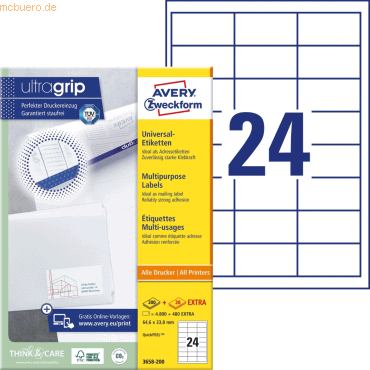 Avery Zweckform Universal-Etiketten ultragrip 64,6x33,8 mm VE=5.280 Et von Avery Zweckform