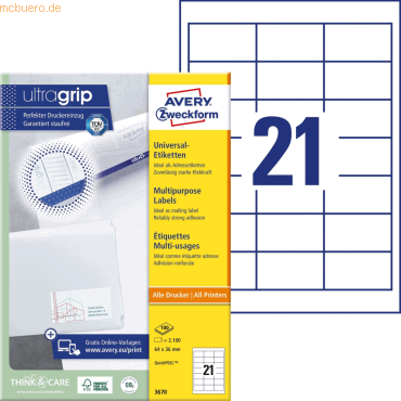 Avery Zweckform Universal-Etiketten ultragrip 64x36 mm VE=2.100 Etiket von Avery Zweckform