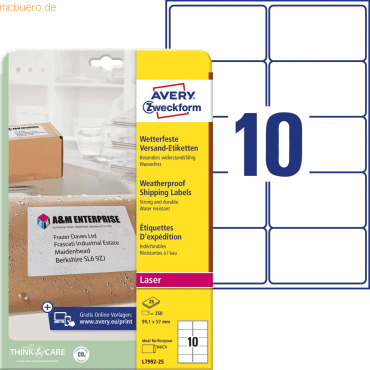 Avery Zweckform Versand-Etiketten 99,1x57 mm 25 Blatt/250 Etiketten we von Avery Zweckform