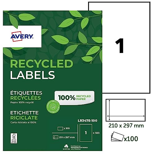 AVERY - Box mit 100 Etiketten, 100% recycelt, selbstklebend, personalisierbar, bedruckbar, Format 210 x 297 mm, scharfe Ecken, Laser- und Tintenstrahldruck (LR3478-100) von Avery