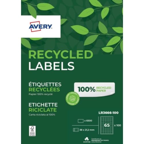 AVERY - Box mit 6500 Etiketten, 100% recycelt, selbstklebend, personalisierbar, bedruckbar, Format 38 x 21,2 mm, scharfe Ecken, Laser- und Tintenstrahldrucker, (LR3666-100) von Avery