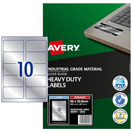 AVERY Zweckform L6012-20 Typenschild-Etiketten 10 Stück pro Blatt 96 x 50,8 mm 200 Etiketten silber von Avery