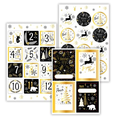 Avery, 12 Geschenkanhänger, 24 Deko-Sticker und 24 Adventskalenderetiketten, glitzernd schwarz und silber von Avery