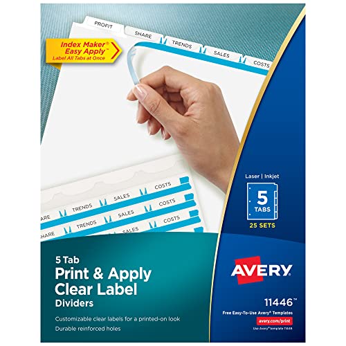 Avery 5 Registerkarten für 3-Ringbuch, einfaches Drucken und Auftragen, transparenter Etikettenstreifen, Indexmacher, anpassbare weiße Register, 25 Sets (11446) von Avery